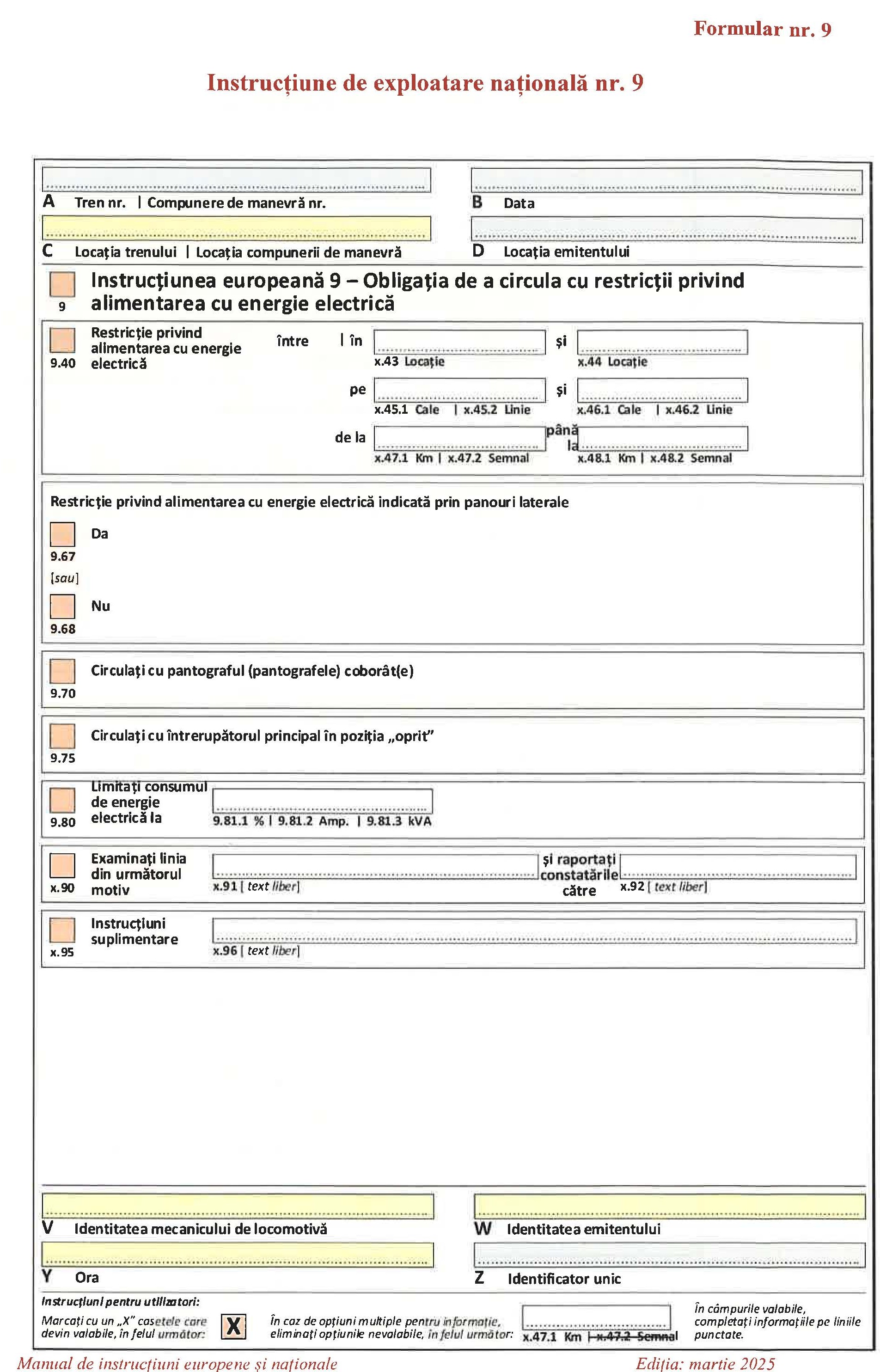 Instrucțiune de exploatare națională nr. 9 — formular nr. 9